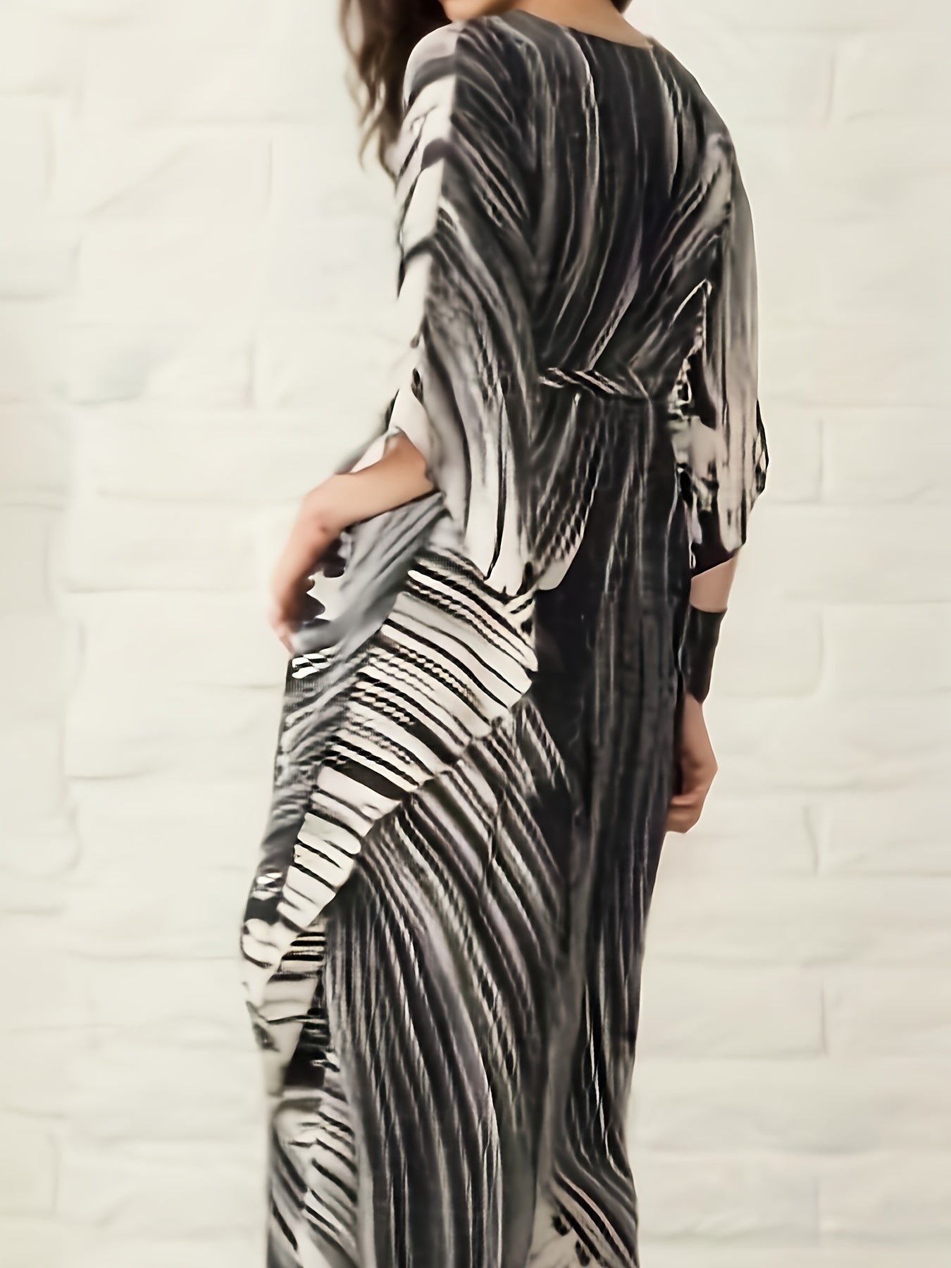 Plus Size Striped Notched Neck Coverup Dress, Vacation Batwing Sleeve Maxi Dress For Beachwear, Women's Clothing