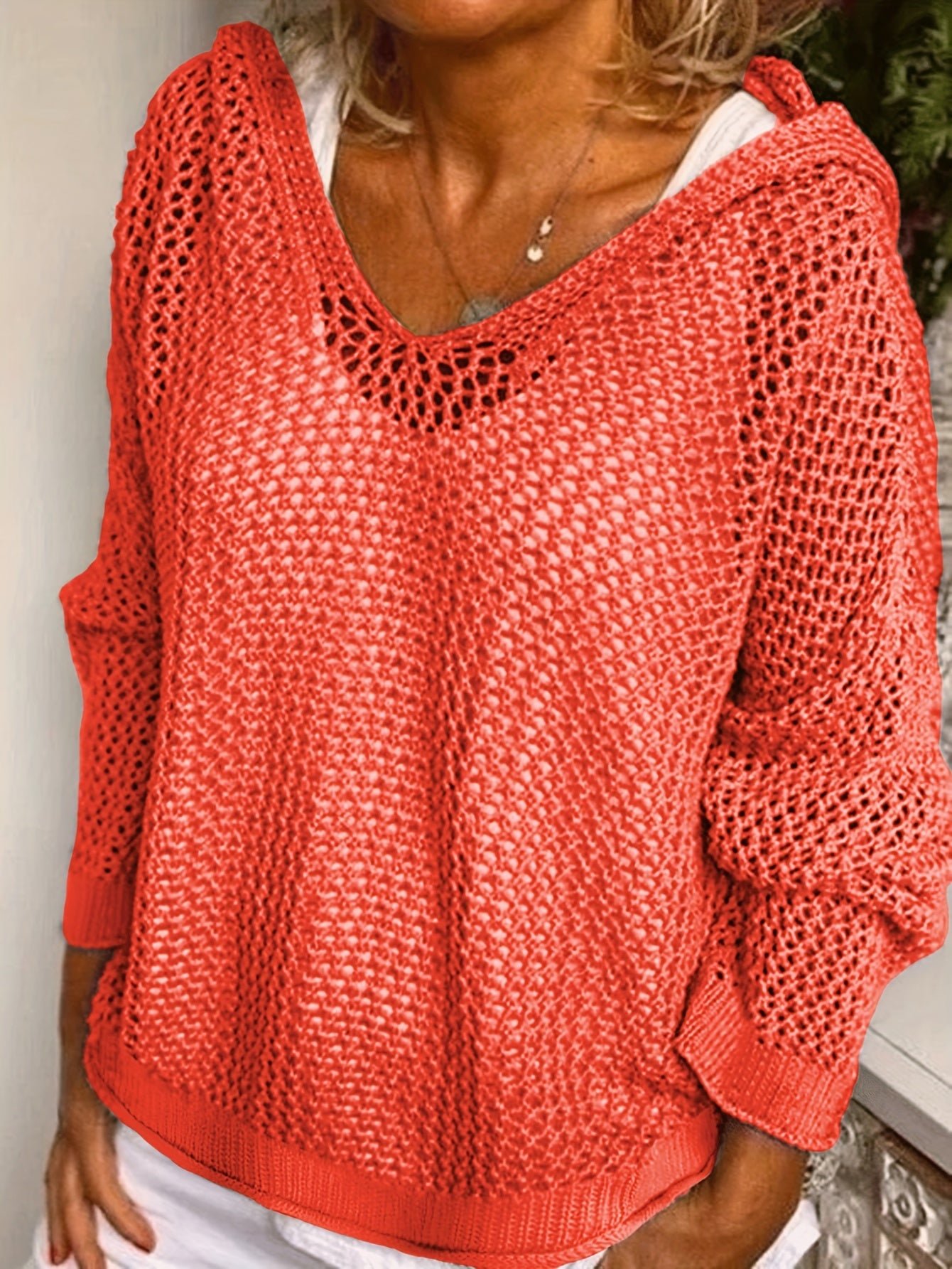 Solid Color Hooded Pullover Sweater, Casual Long Sleeve Cut Out Knitted Sweater For Spring & Summer, Women's Clothing