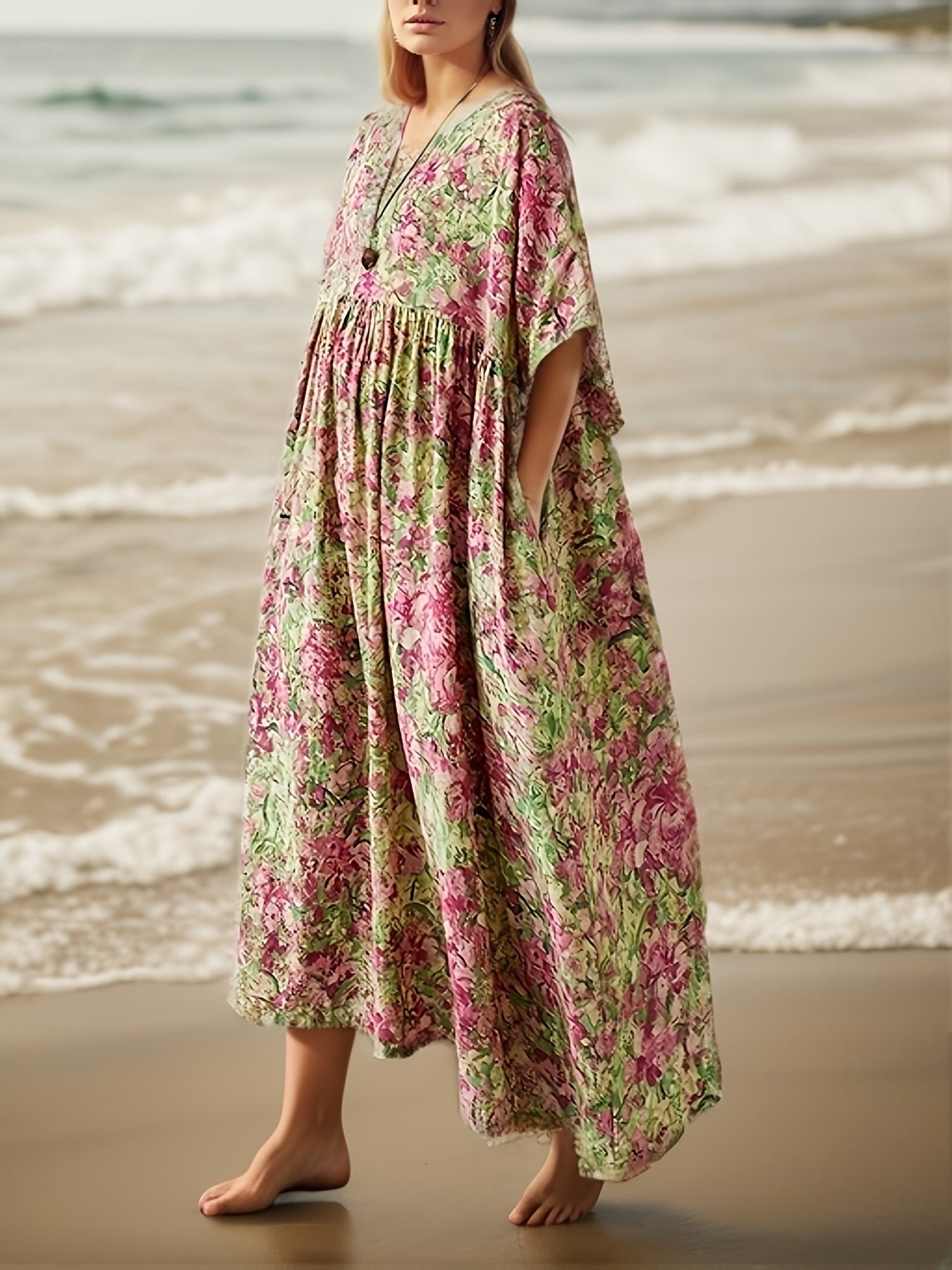 Plus Size Floral Print Ruched Loose Dress, Casual Short Sleeve Dress For Spring & Summer, Women's Plus Size Clothing