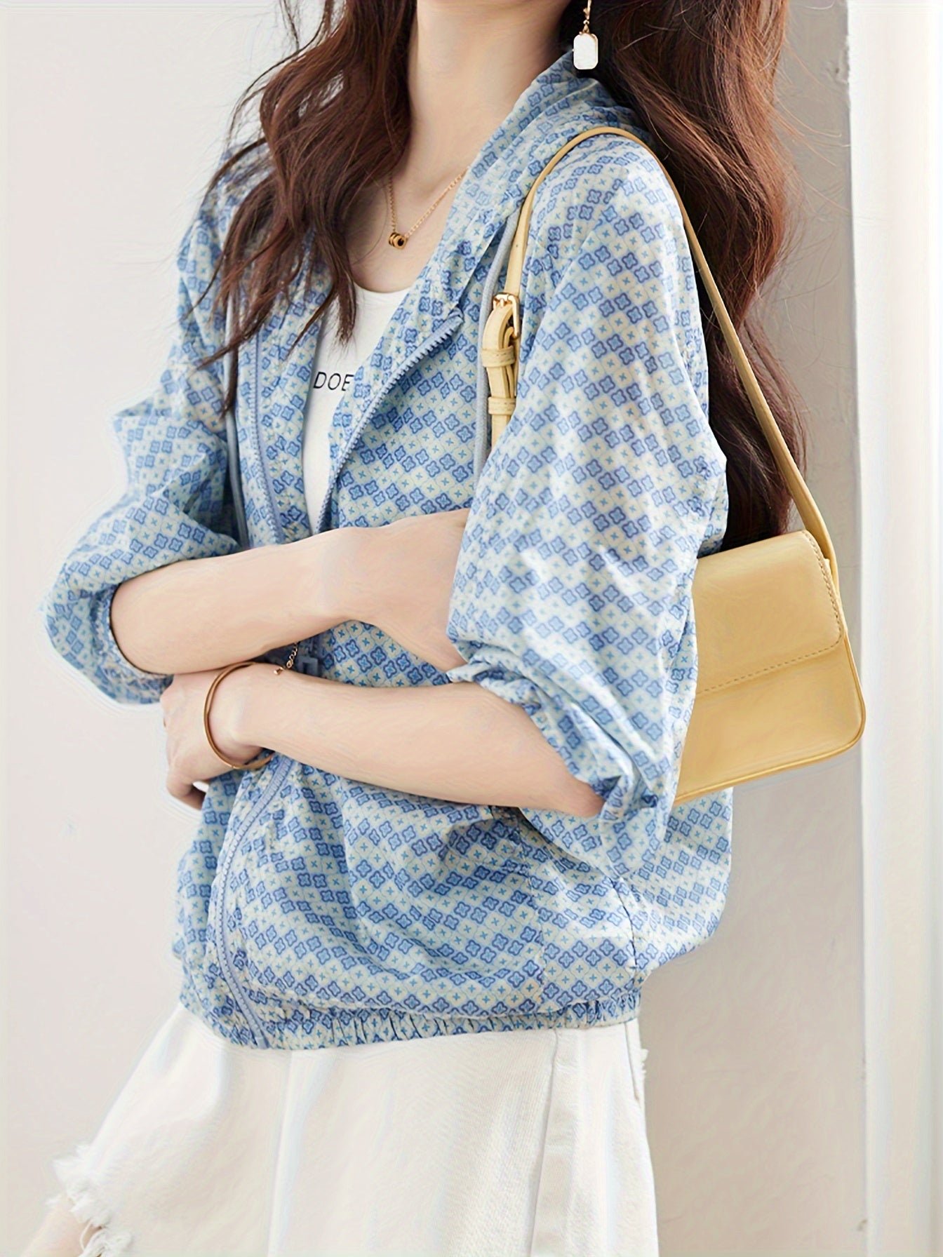 9ed5edd2-9ccc-4af2-b81a-5112495ab736-1 Allover Print Zipper Front Jacket, Casual Long Sleeve Drawstring Hooded Outwear For Spring & Fall, Women's Clothing