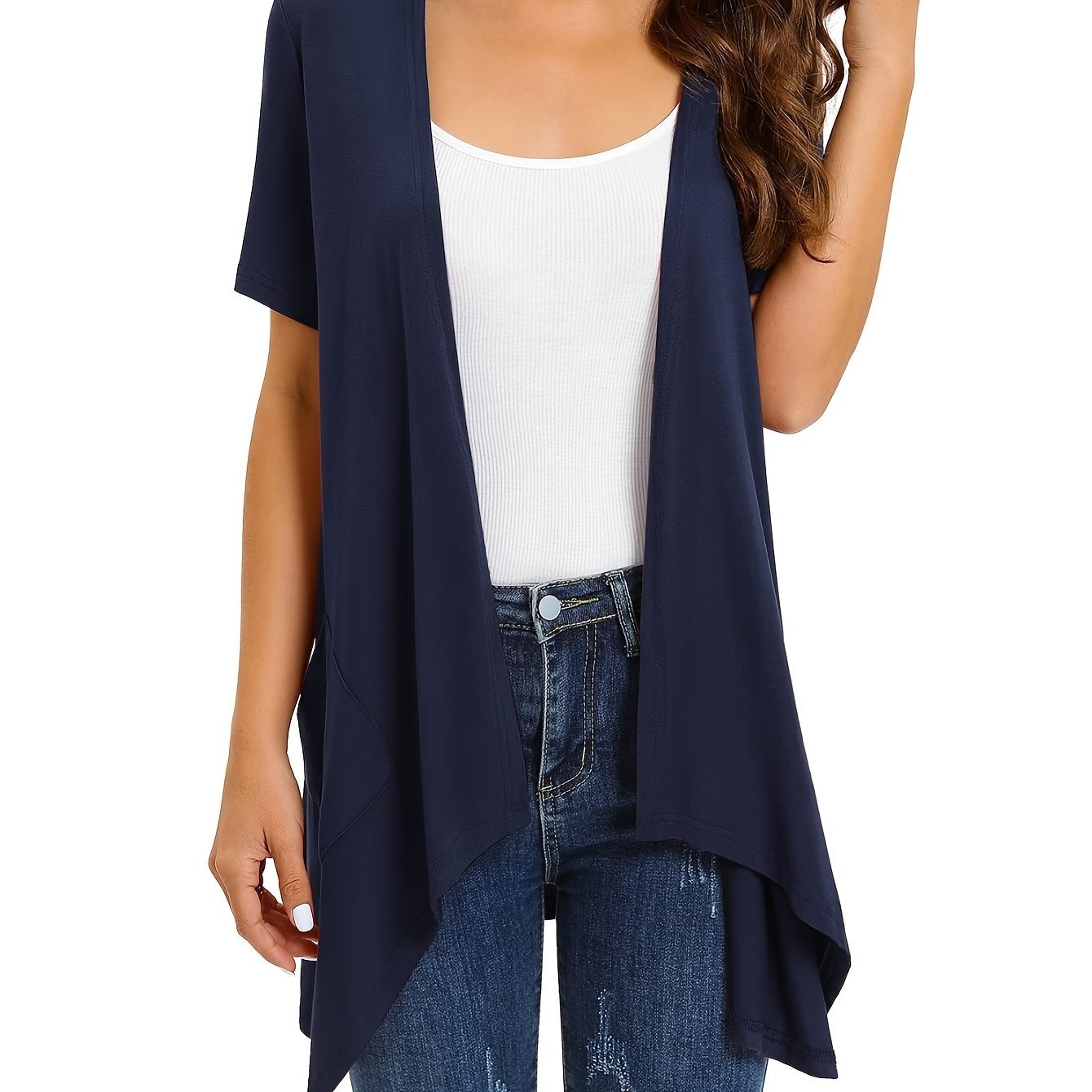 Dual Pockets Open Front Coat, Casual Short Sleeve Coat For Spring & Summer, Women's Clothing