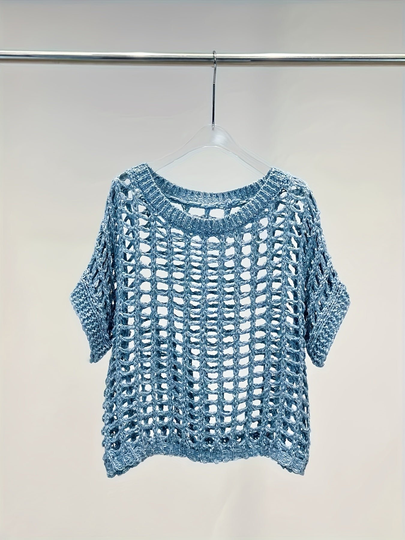 Hollow Out Crochet Crew Neck Sweater, Casual Short Sleeve Knit Top For Spring & Summer, Women's Clothing