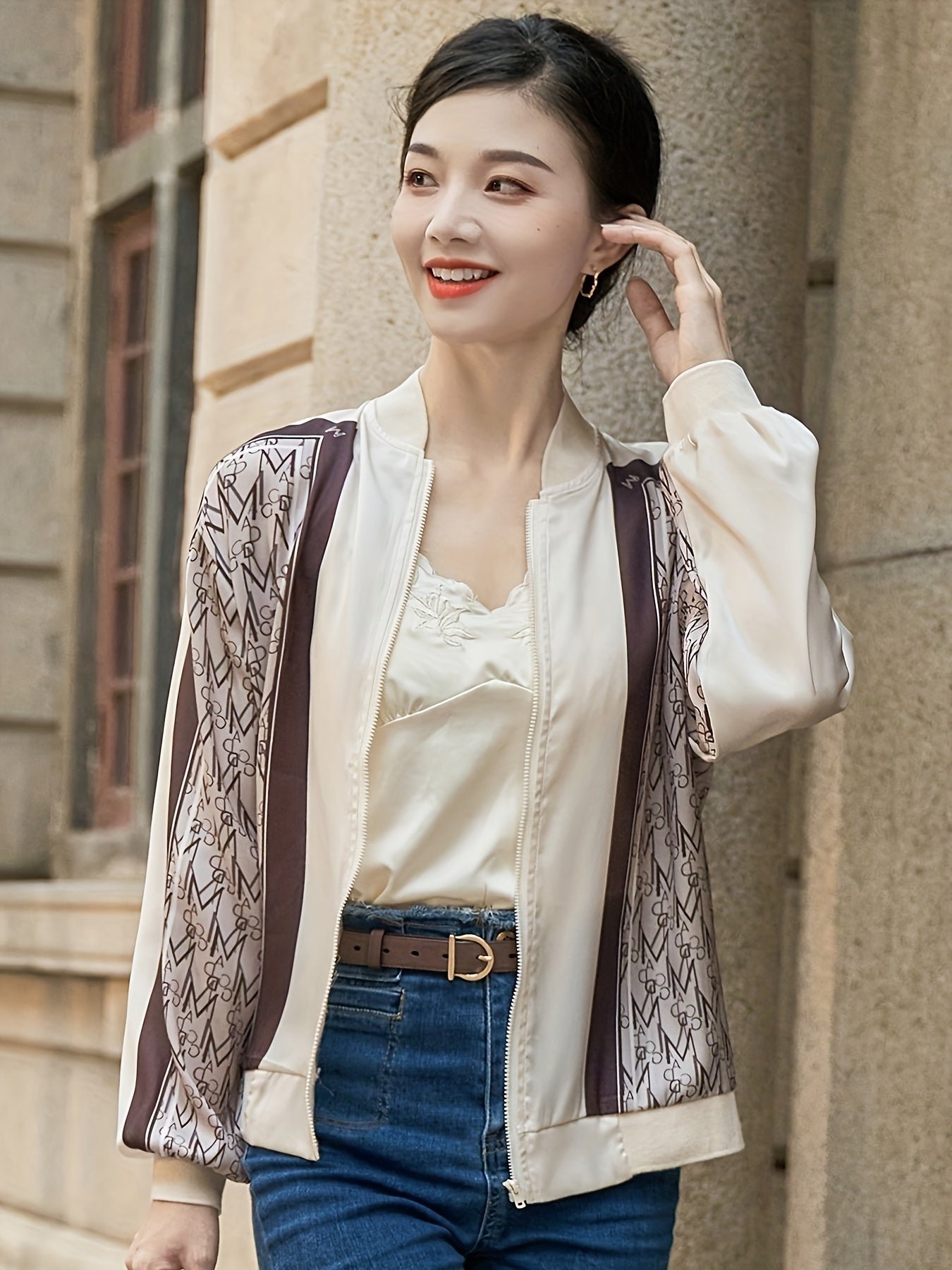 Allover Zip Up Jacket, Casual Long Sleeve Jacket For Spring & Fall, Women's Clothing