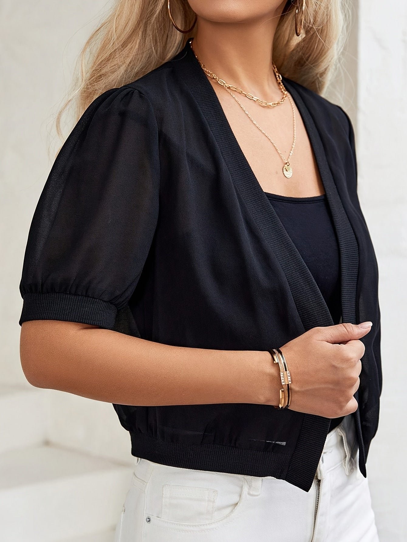 Solid Color Open Front Jacket, Elegant Short Sleeve Jacket For Spring & Fall, Women's Clothing