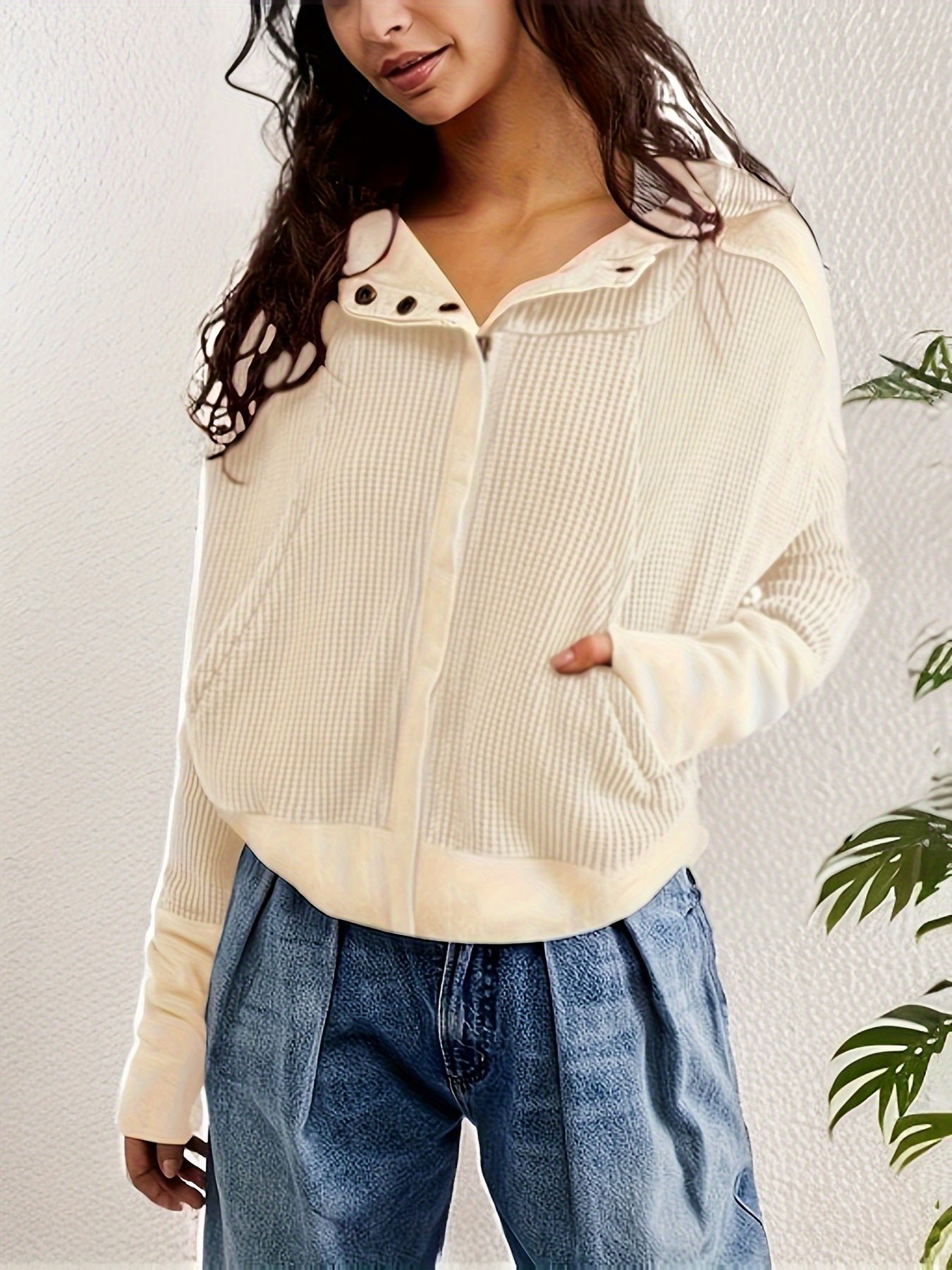 Zip-up Panel Textured Hoodie, Casual Long Sleeve Slant Pockets Jacket, Women's Clothing