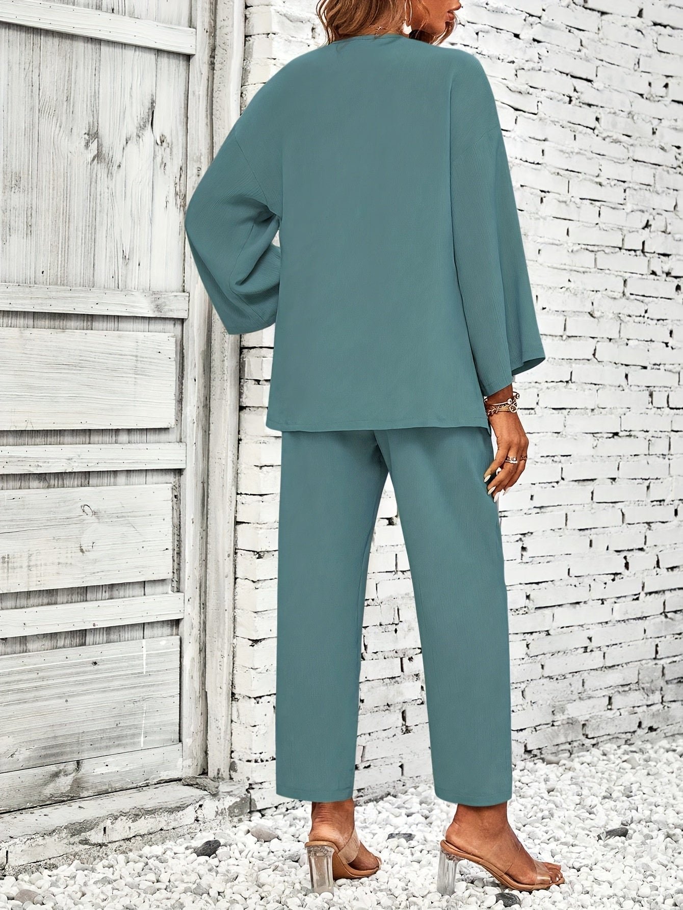 Elegant Solid Color Pantsuits Set, Open Front Outwear & Straight Leg Pants Outfits, Women's Clothing