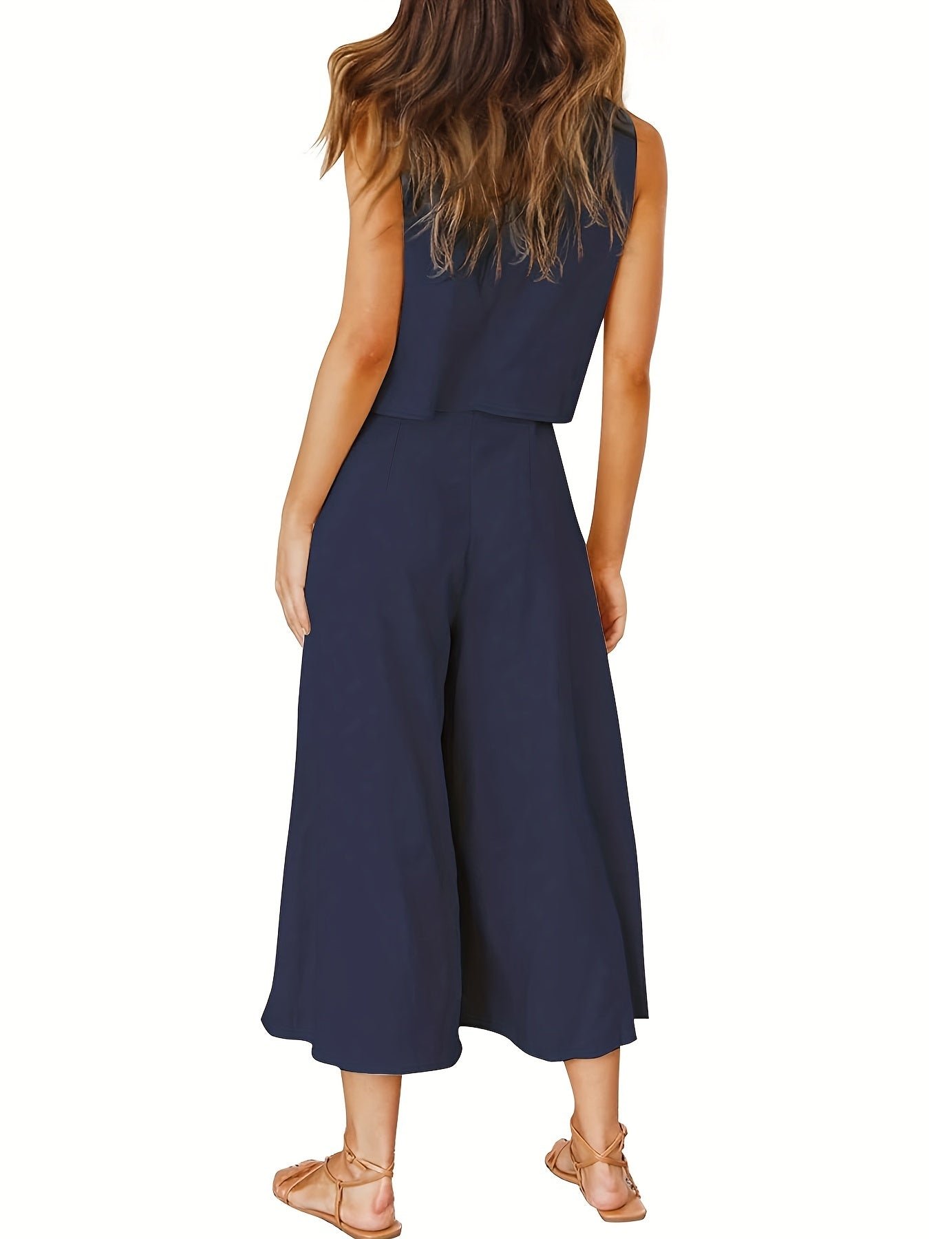 Casual Solid Two-piece Set, Crew Neck Tank Top & Wide Leg Pants Outfits, Women's Clothing