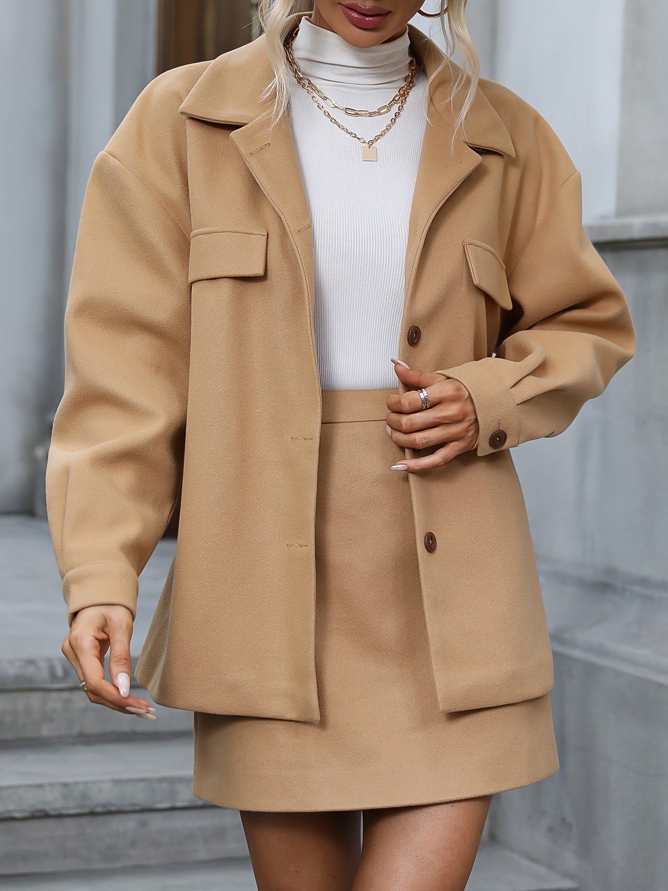 ad62d25d5e967e9c6ef3851c78fa3198-1 Solid Elegant Two-piece Set, Button Front Long Sleeve Jacket & High Waist Mini Skirts Outfits, Women's Clothing