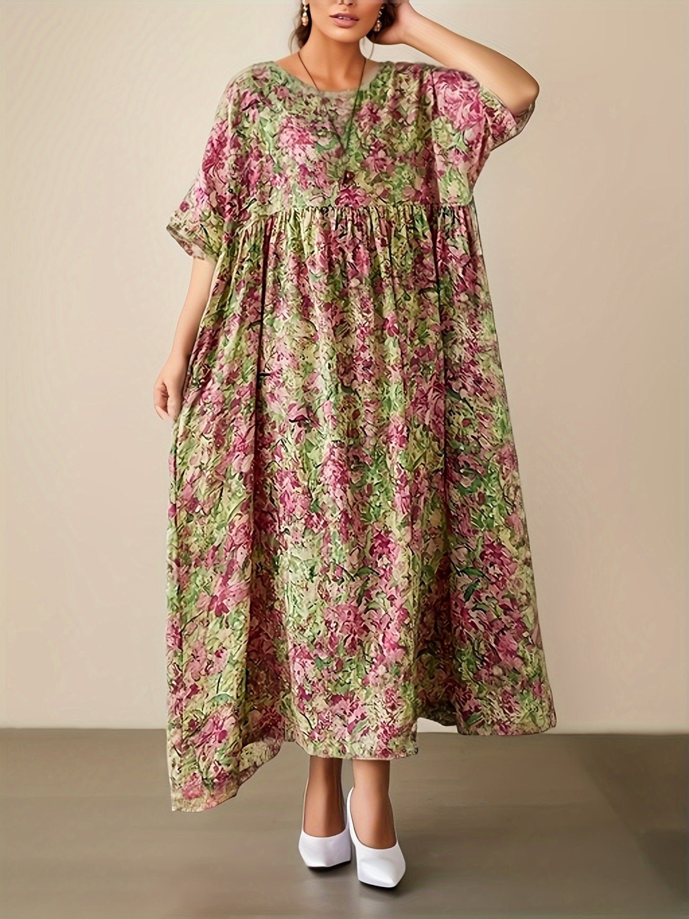 Plus Size Floral Print Ruched Loose Dress, Casual Short Sleeve Dress For Spring & Summer, Women's Plus Size Clothing