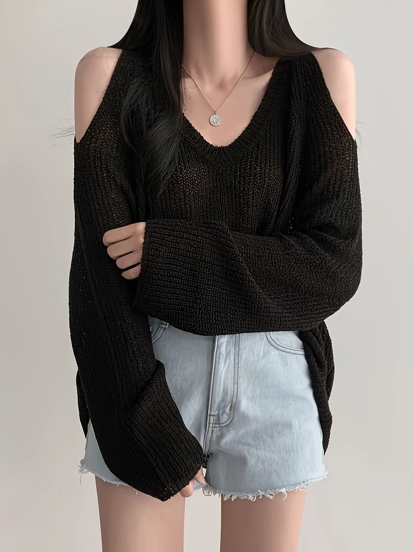 Solid Color V Neck Pullover Sweater, Y2K Long Sleeve Cut Out Knitted Sweater For Spring & Summer, Women's Clothing