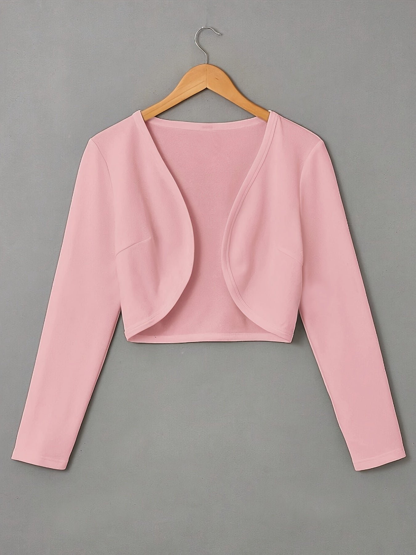 Solid Color Open Front Crop Jacket, Versatile Long Sleeve Outwear For Spring & Fall, Women's Clothing