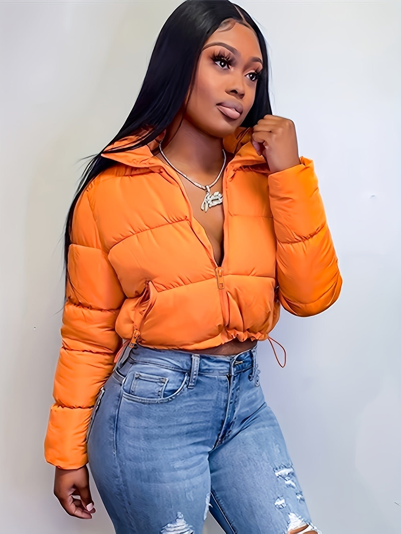 Zipper Warm Puffer Jackets For Winter Hiking Ski, Solid Color Crop Puffer Coat, Women's Clothing for Koningsdag/King's Day