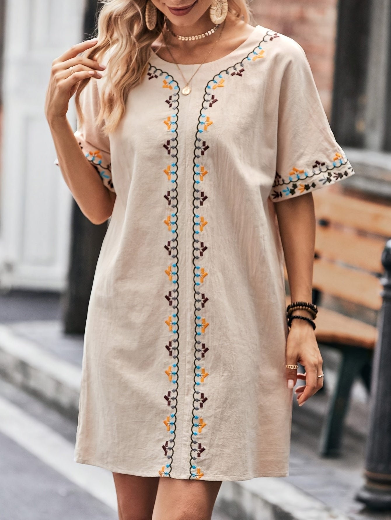 b6ce085f-4a9c-425d-883c-54b2eed97e94-1 Embroidered Trim Crew Neck Dress, Elegant Simple Short Sleeve Dress For Spring & Summer, Women's Clothing