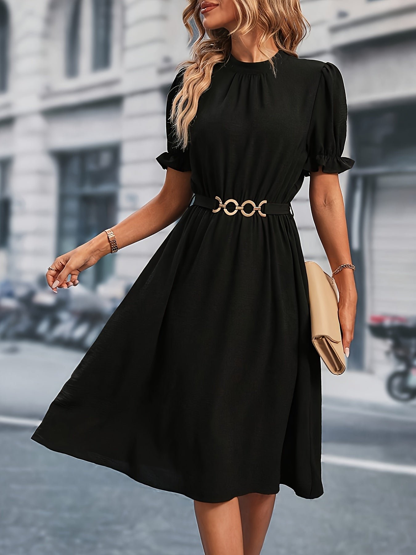 Chain Belted Puff Sleeve Dress, Elegant Summer Mock Neck Knee Length Dress For Spring & Summer, Women's Clothing