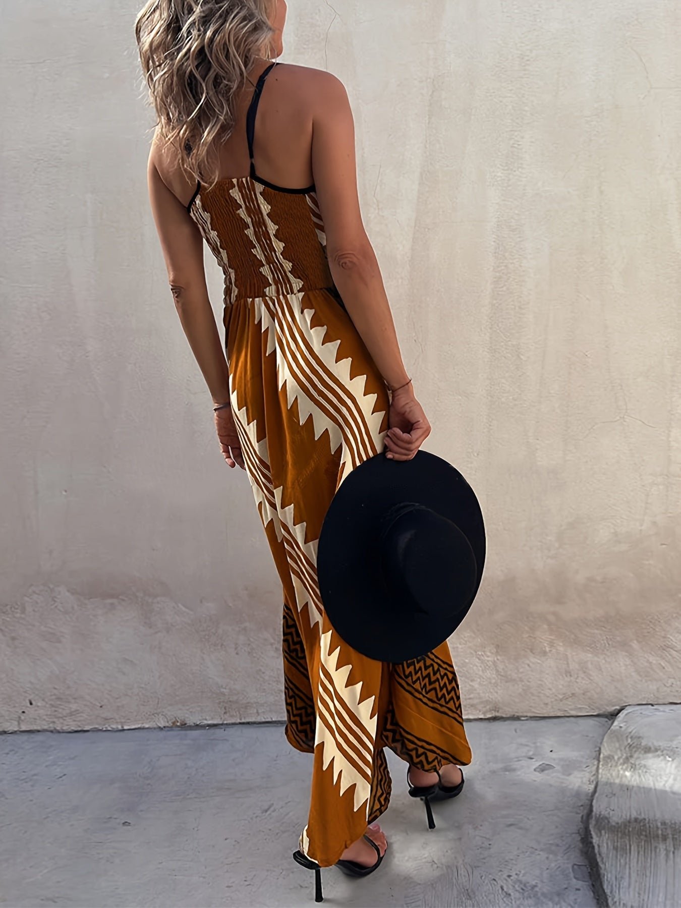 Ethnic Print Two Tone Cami Dress, Elegant V Neck Sleeveless Ankle Length Cami Dress For Spring & Summer, Women's Clothing