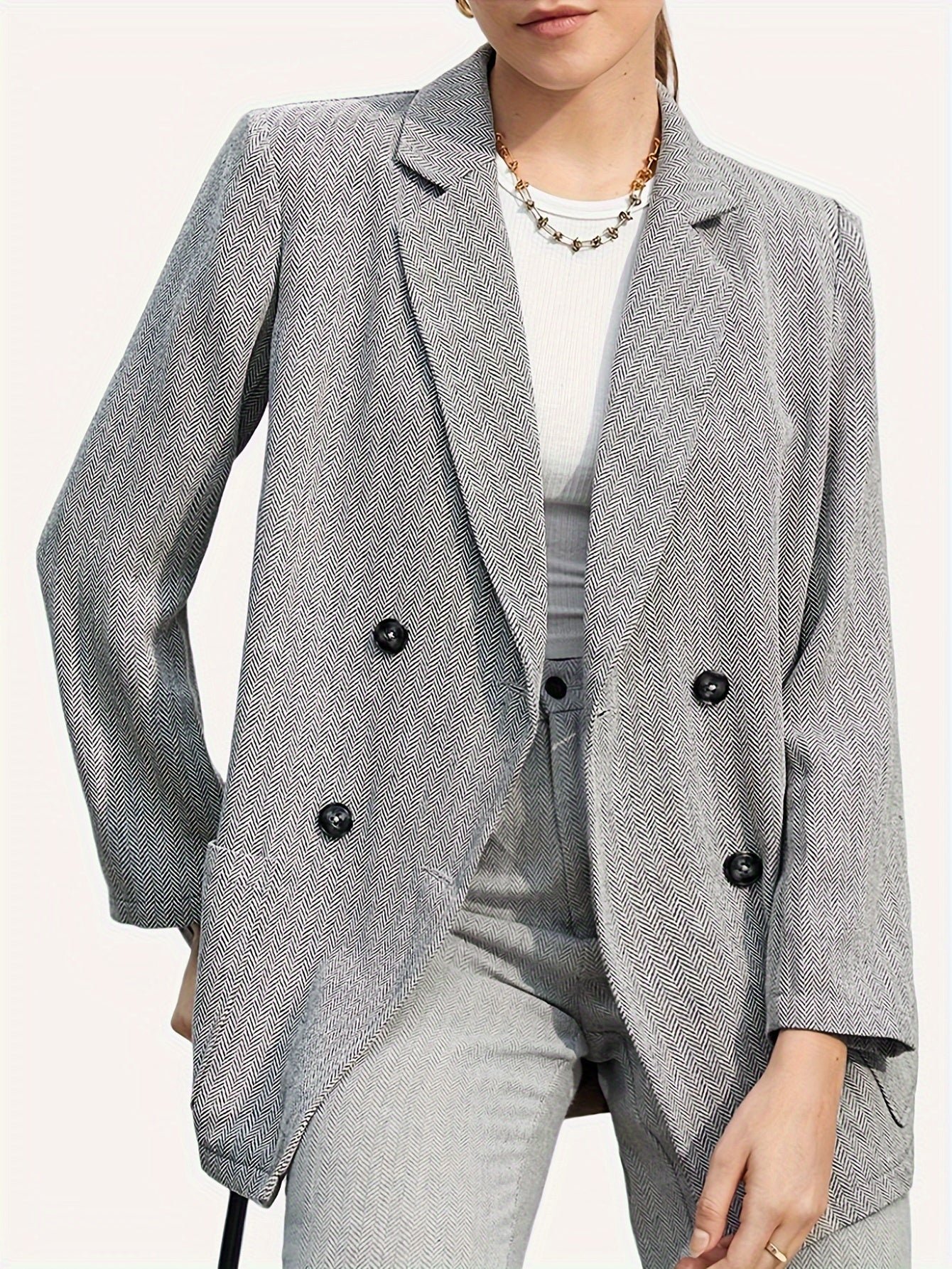 Double Breasted Lapel Pockets Blazer, Elegant Long Sleeve Outwear For Office & Work, Women's Clothing