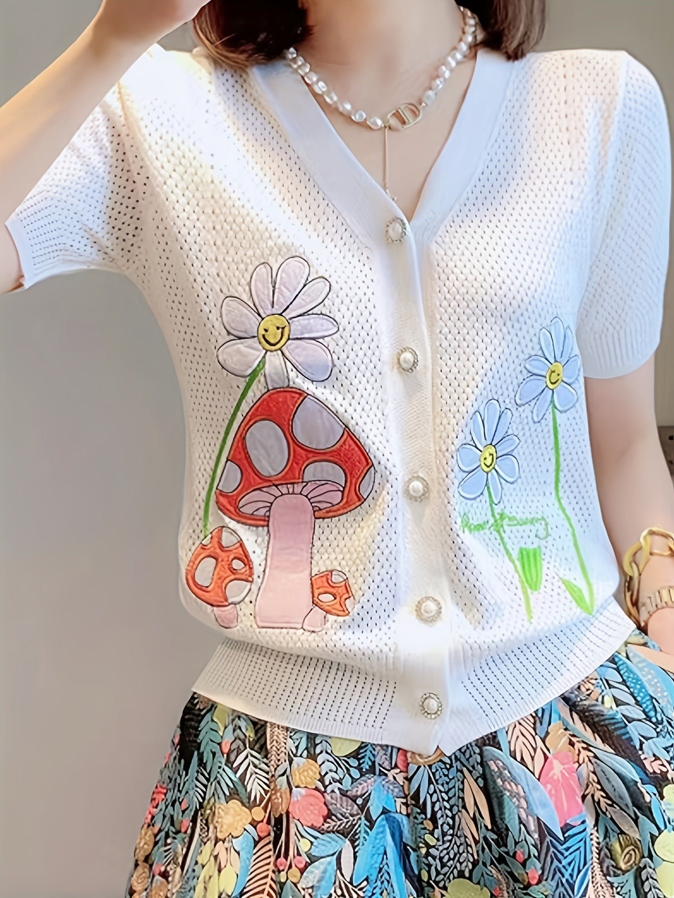 c15df8cd41fa2ab98085416289e061a6 Floral & Mushroom Pattern V Neck Cardigan, Casual Beaded Button Short Sleeve Sweater For Spring & Summer, Women's Clothing