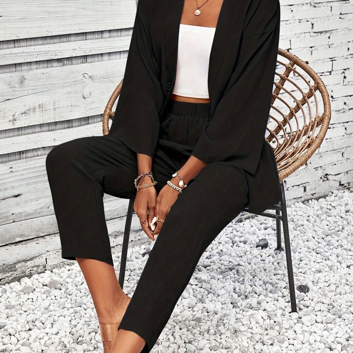 Elegant Solid Color Pantsuits Set, Open Front Outwear & Straight Leg Pants Outfits, Women's Clothing