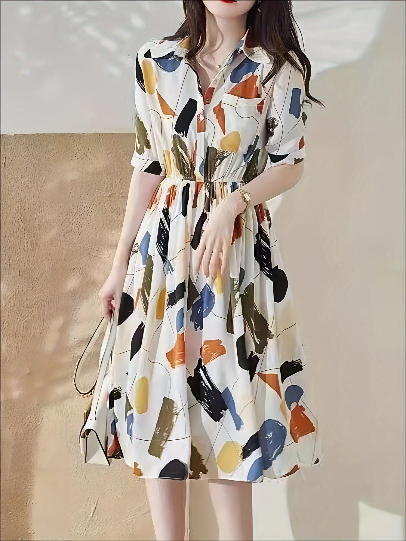 Allover Print Button Front A-line Dress, Elegant Short Sleeve Dress For Spring & Summer, Women's Clothing