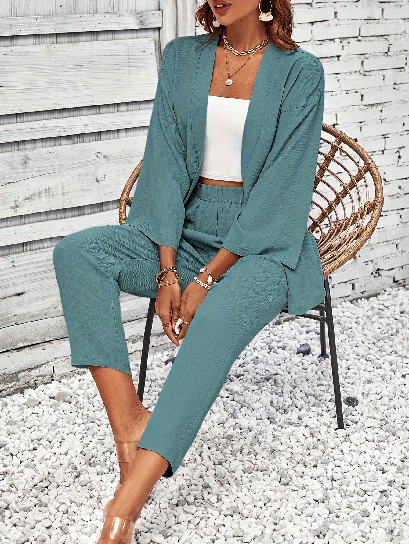 c4783743-9927-477e-b81a-9cf0b1fe14fa-1 Elegant Solid Color Pantsuits Set, Open Front Outwear & Straight Leg Pants Outfits, Women's Clothing