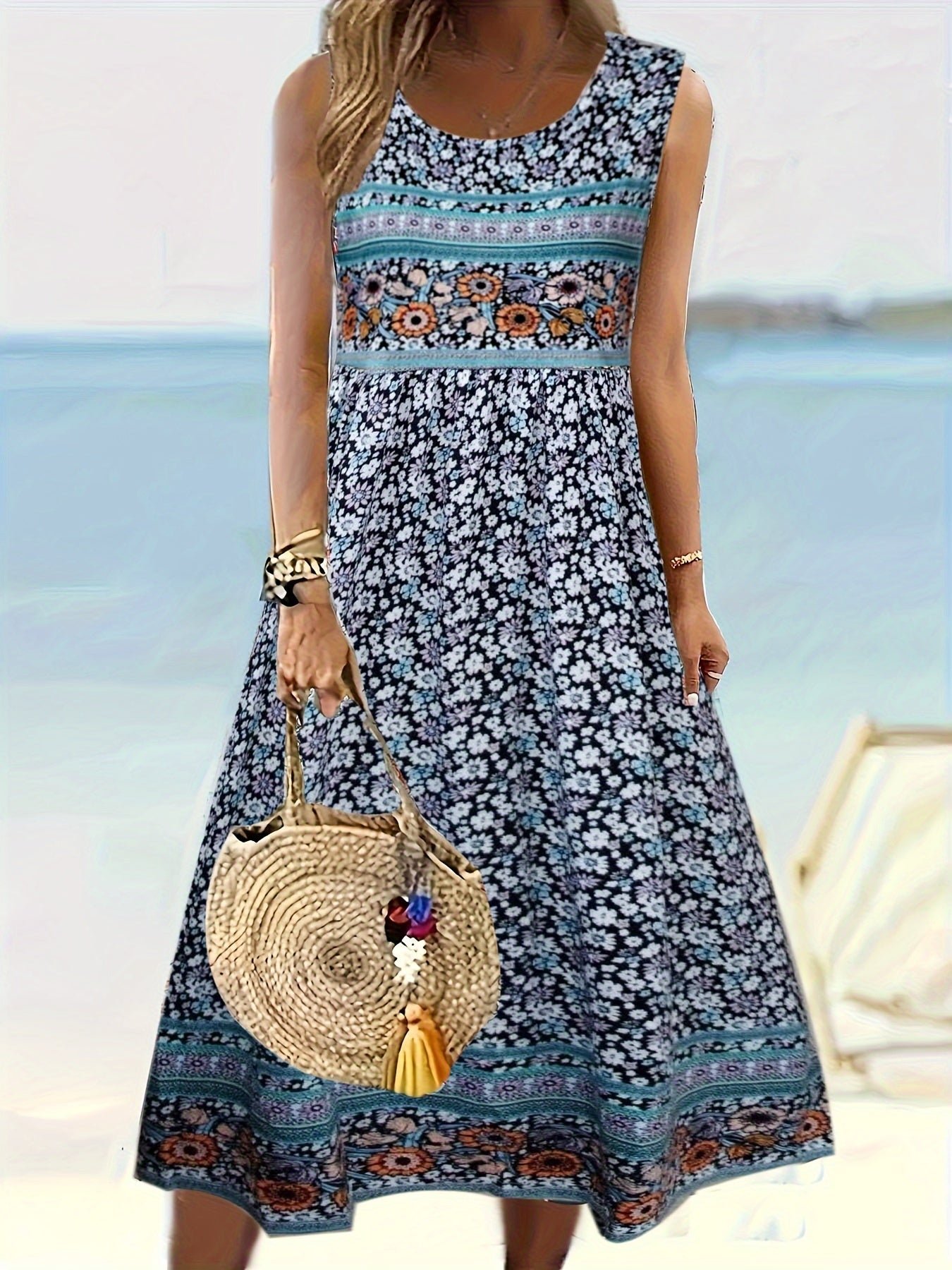 c5a71a11-4daf-4666-827f-ad6ce9da2995 Floral Print Crew Neck A-line Dress, Casual Sleeveless Tank Dress For Spring & Summer, Women's Clothing