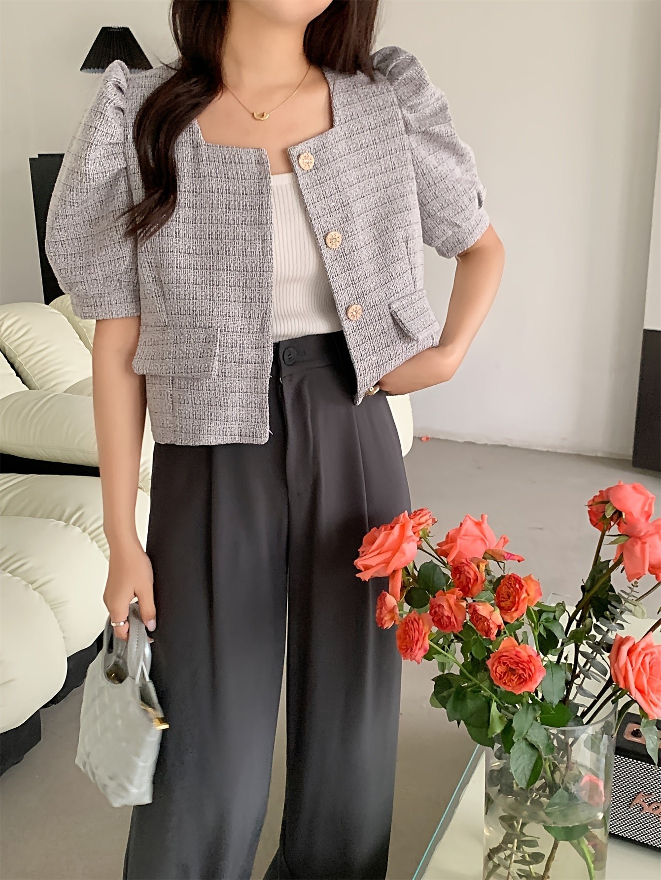 c91a6180-9e74-41c7-b980-8766c6d67069-1 Puff Sleeve Square Neck Jacket, Elegant Button Front Jacket For Spring & Fall, Women's Clothing