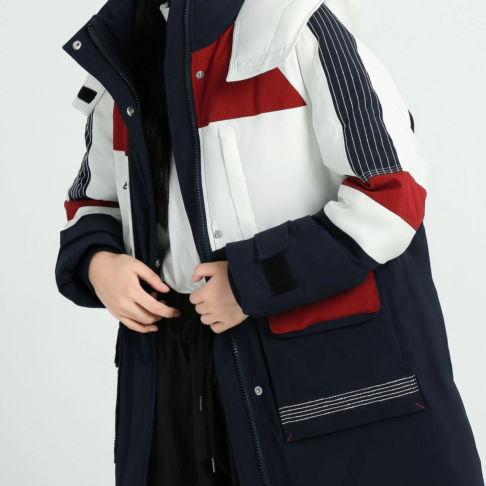 Color Block Hooded Down Jacket, Casual Stand Collar Long Sleeve Winter Warm Outerwear, Women's Clothing