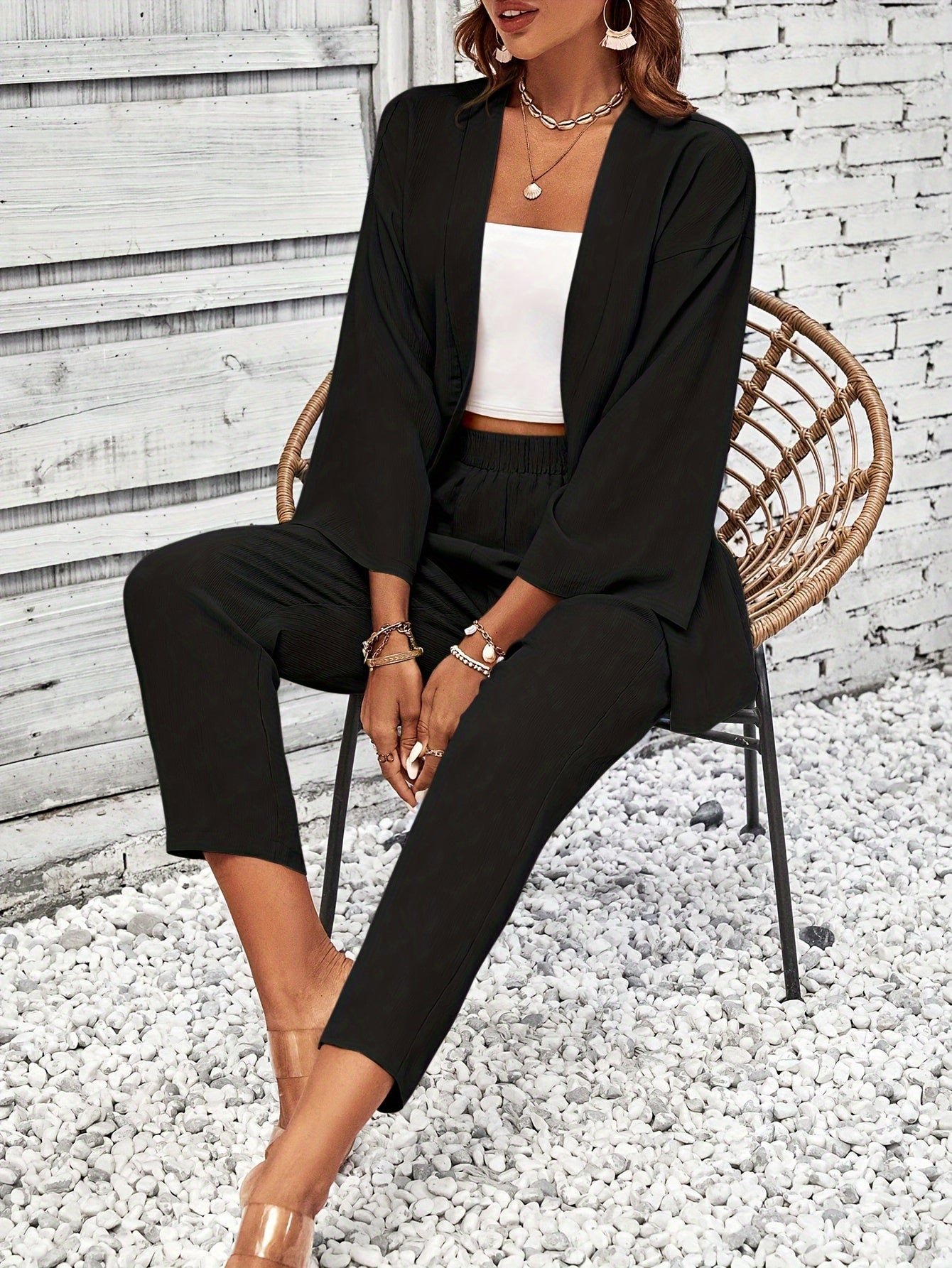 Elegant Solid Color Pantsuits Set, Open Front Outwear & Straight Leg Pants Outfits, Women's Clothing