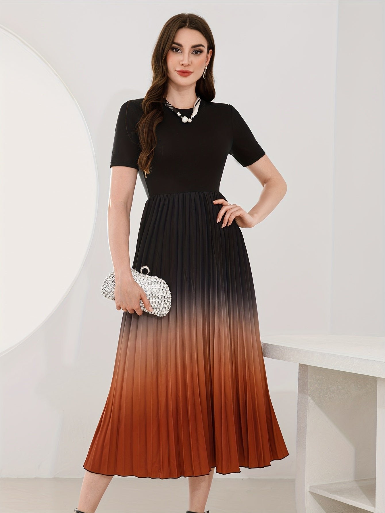 cb180781-f161-44c8-8a59-3f1bc927c340-1 Ombre Crew Neck Pleated Dress, Elegant Short Sleeve A-line Swing Dress For Spring & Summer, Women's Clothing
