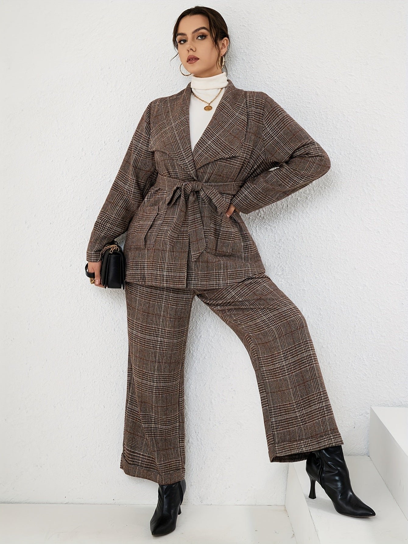 cb6e74f9c01f6d259bfb1525b8883441-1 Plus Size Elegant Suit Set, Women's Plus Plaid Print Long Sleeve Waterfall Collar Belted Blazer & Wide Leg Pants Outfits Two Piece Set