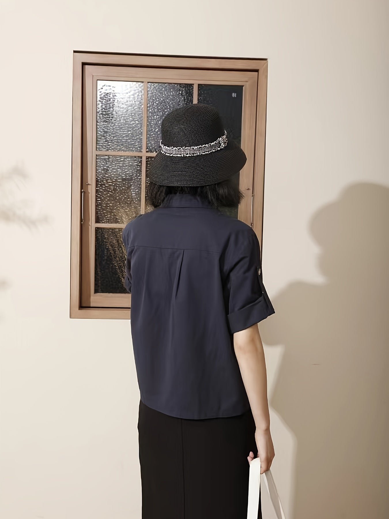 Solid Flap Jacket Button Up Jacket, Casual Short Sleeve Lapel Collar Loose Jaket, Women's Clothing