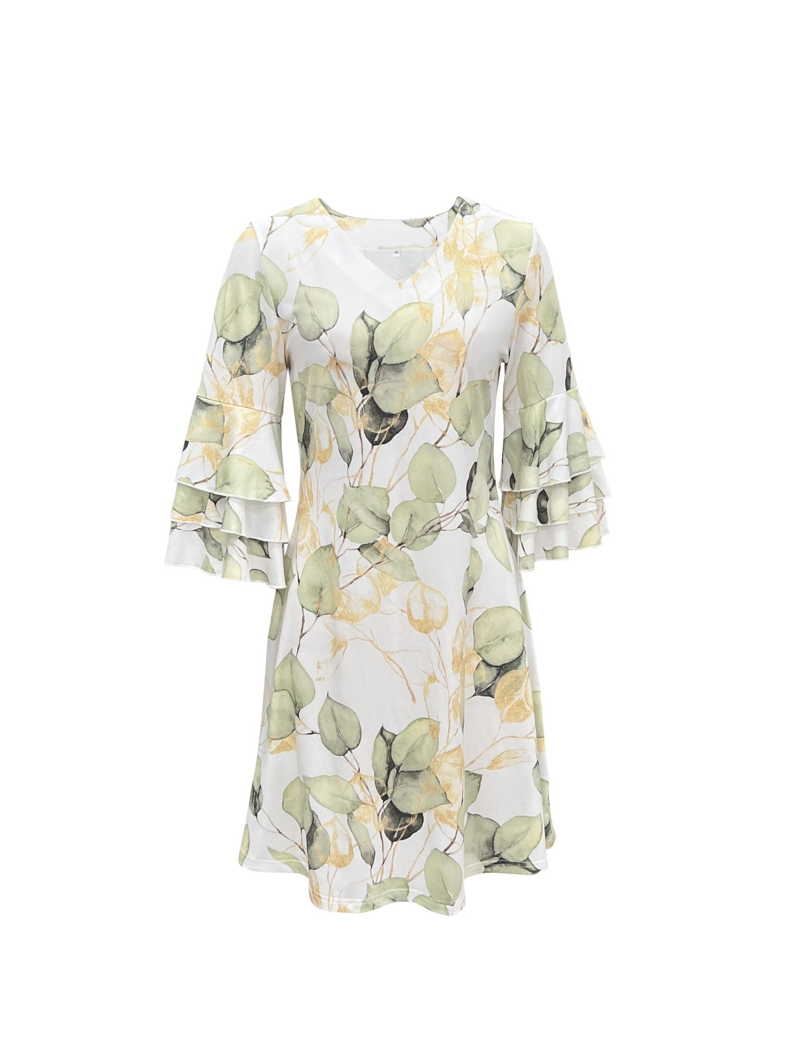 Leaf Print V Neck Dress, Casual Layered Flare Sleeve Dress For Spring & Summer, Women's Clothing