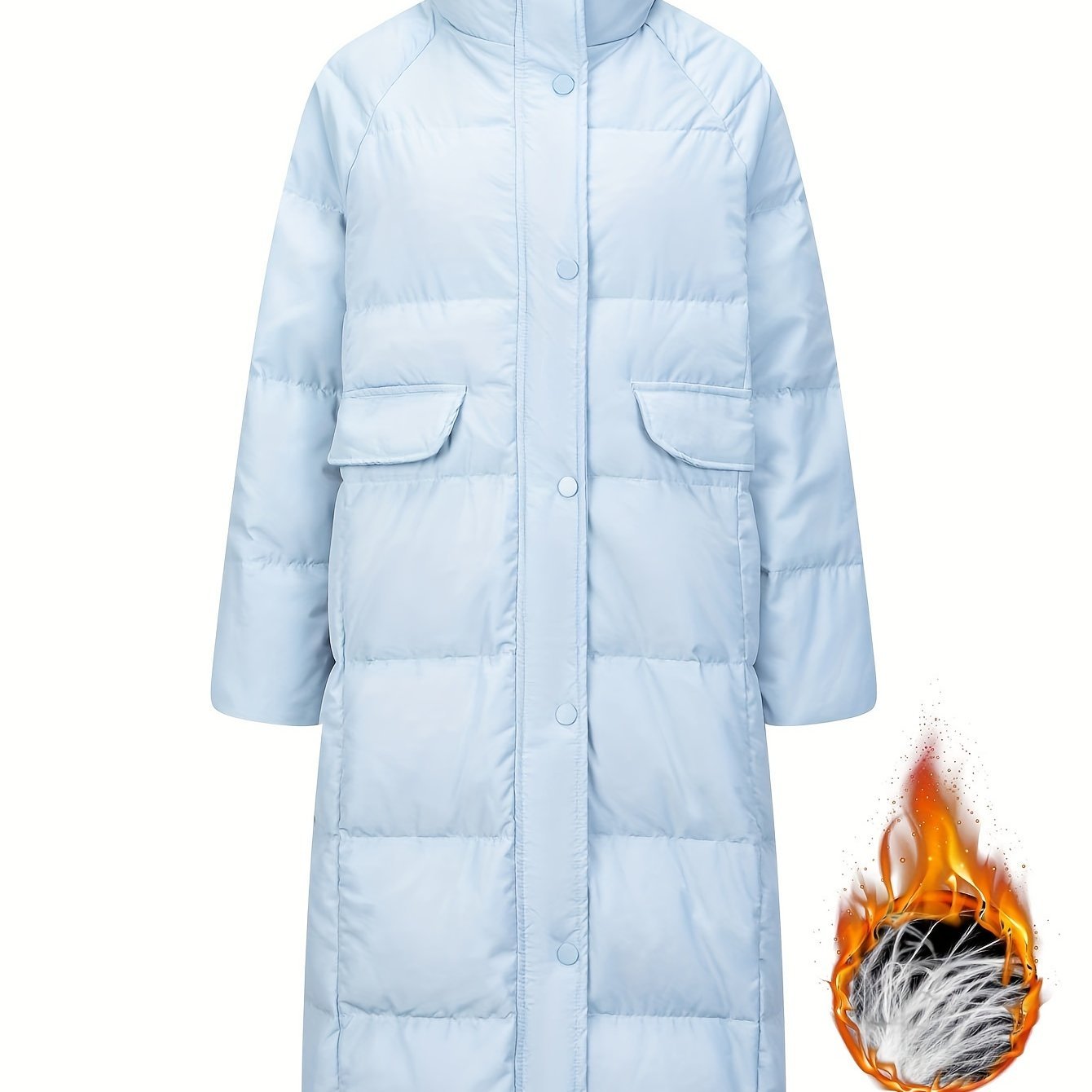 Solid Color Long Puffer Jacket, Stand Collar Warm Jacket For Winter Outdoor Sports, Women's Clothing