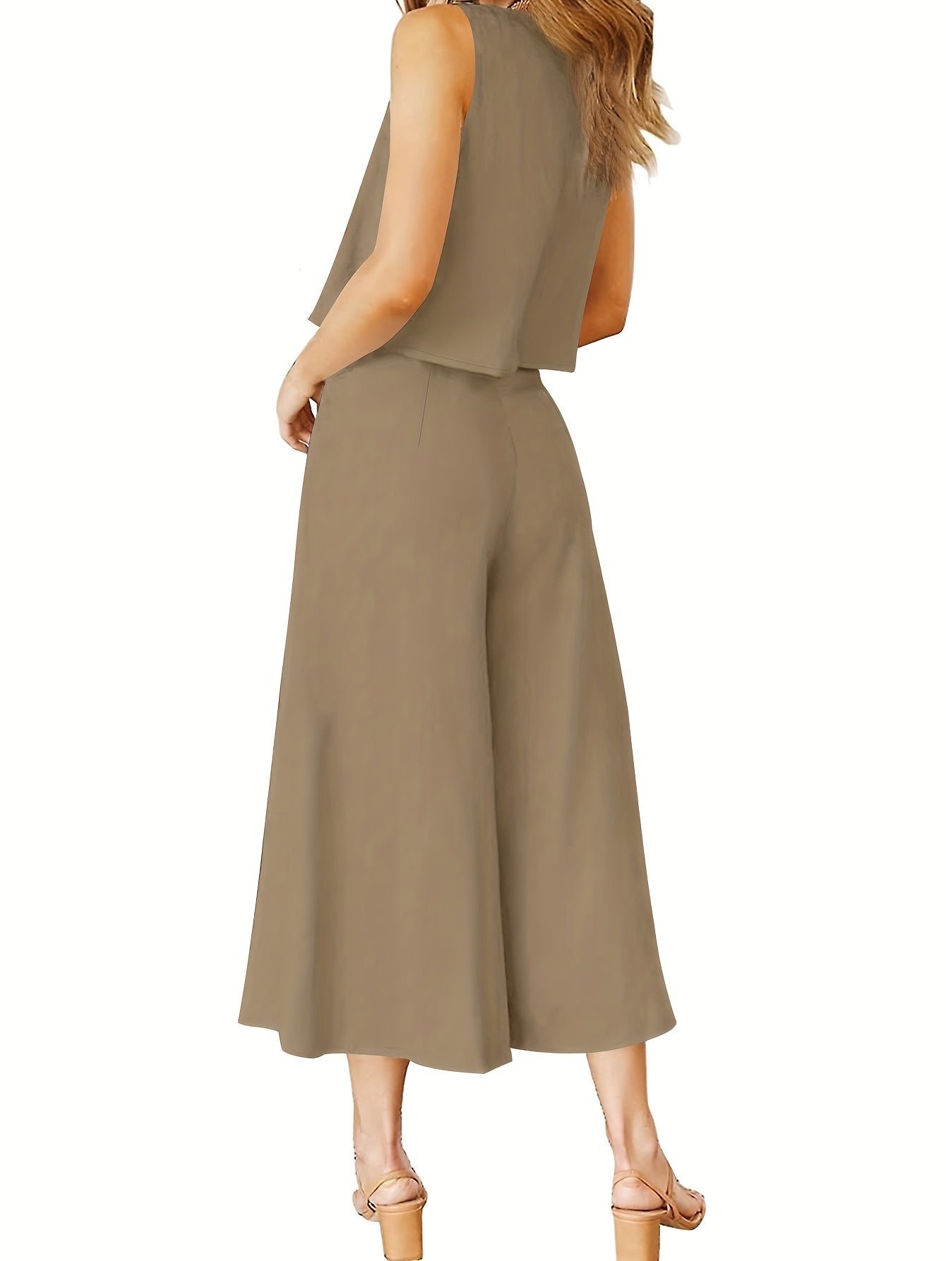 Casual Solid Two-piece Set, Crew Neck Tank Top & Wide Leg Pants Outfits, Women's Clothing