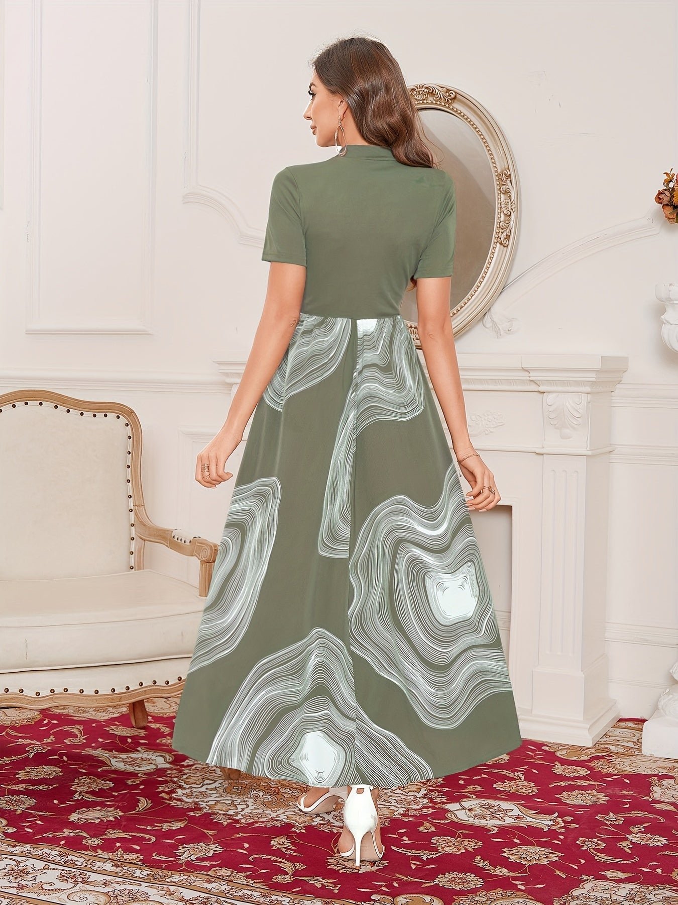 d131c49f0674f1419dc1865b239c9d17-1 Graphic Print Splicing Aline Dress, Vintage Mock Neck Short Sleeve Dress, Women's Clothing