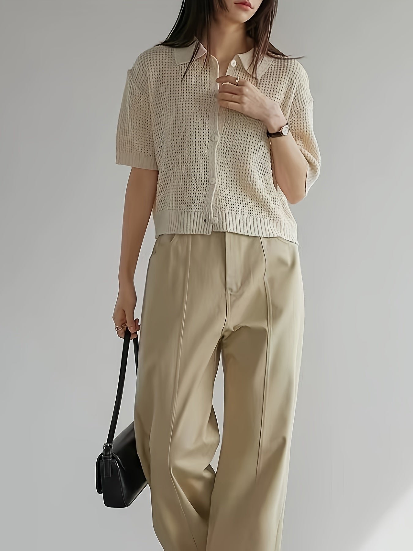 Solid Color Button Front Knit Cardigan, Casual Collared Short Sleeve Cardigan For Spring & Summer, Women's Clothing