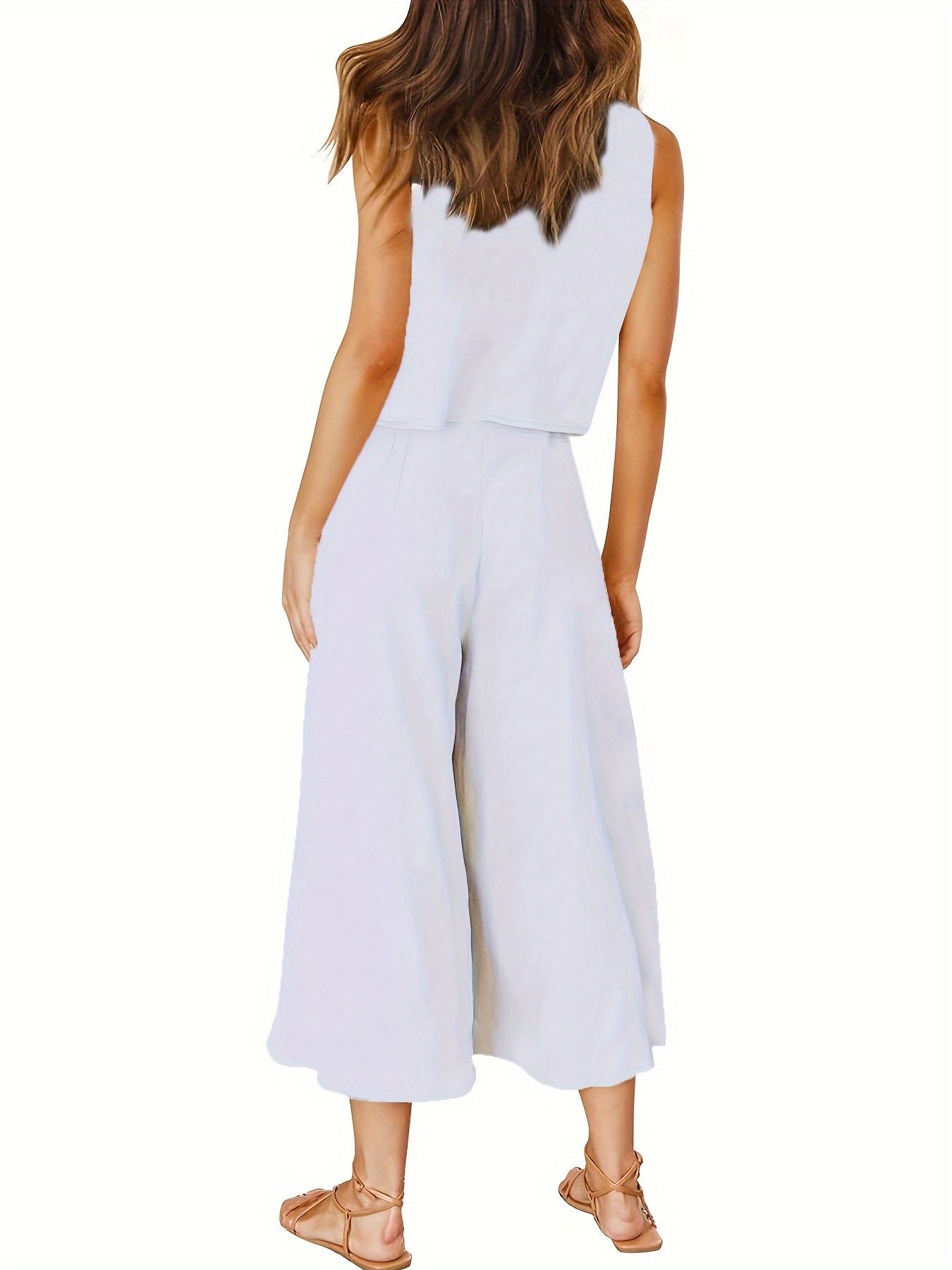 Casual Solid Two-piece Set, Crew Neck Tank Top & Wide Leg Pants Outfits, Women's Clothing