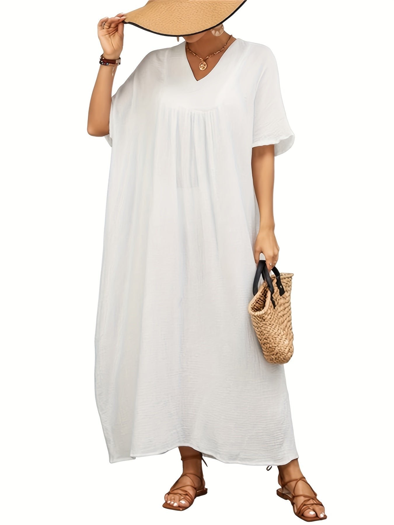 d67a2ca1-c9e5-40f7-bdce-cc90b53db3c0 Solid Color V Neck Coverup Dress, Casual Batwing Sleeve Loose Maxi Dress For Spring & Summer, Women's Clothing