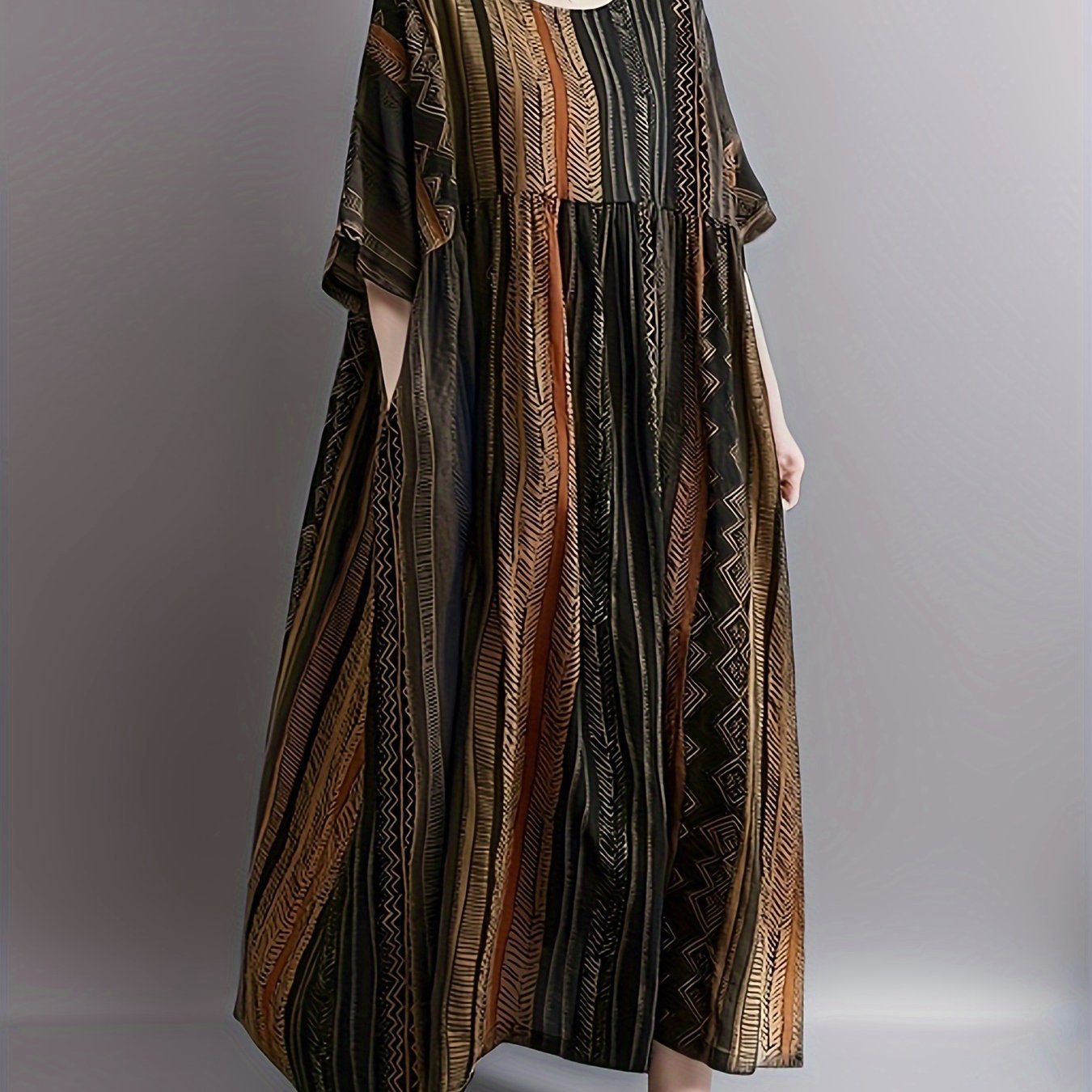 Plus Size Colorblock Stripe Print Loose Dress, Casual Short Sleeve Ruched Dress For Spring & Summer, Women's Plus Size Clothing