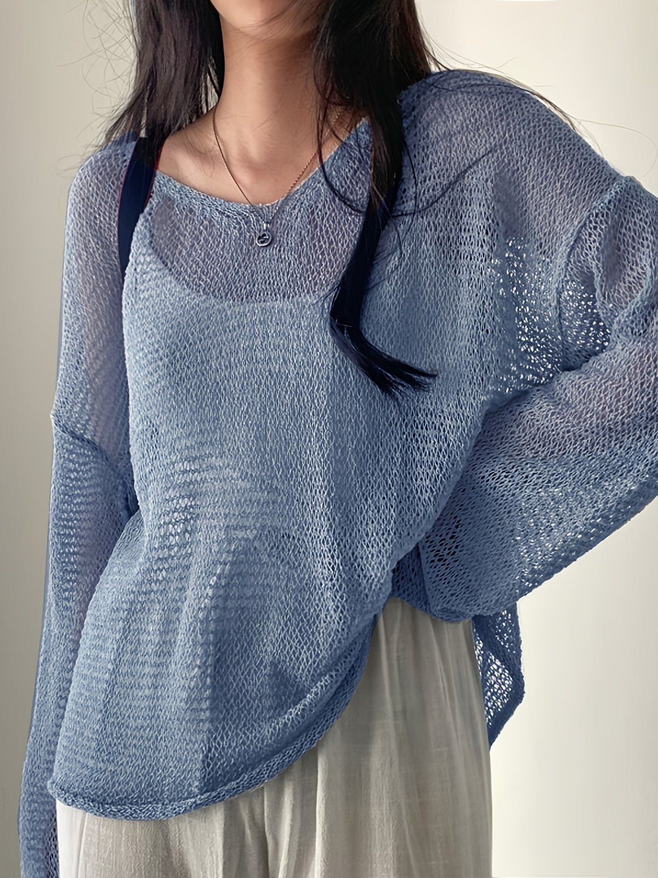 d87981bf2df80f7c4cd191f895c1662e Solid Knitted Pullover Top, Casual Crew Neck Long Sleeve Crochet Coverup Top, Women's Clothing