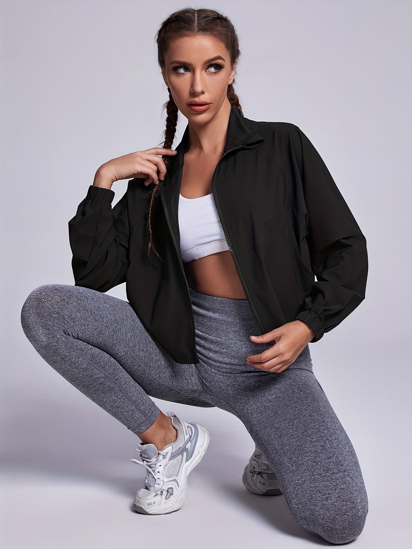 Solid Zipper Front Crop Jacket, Versatile Long Sleeve Jacket For Spring & Fall, Women's Clothing