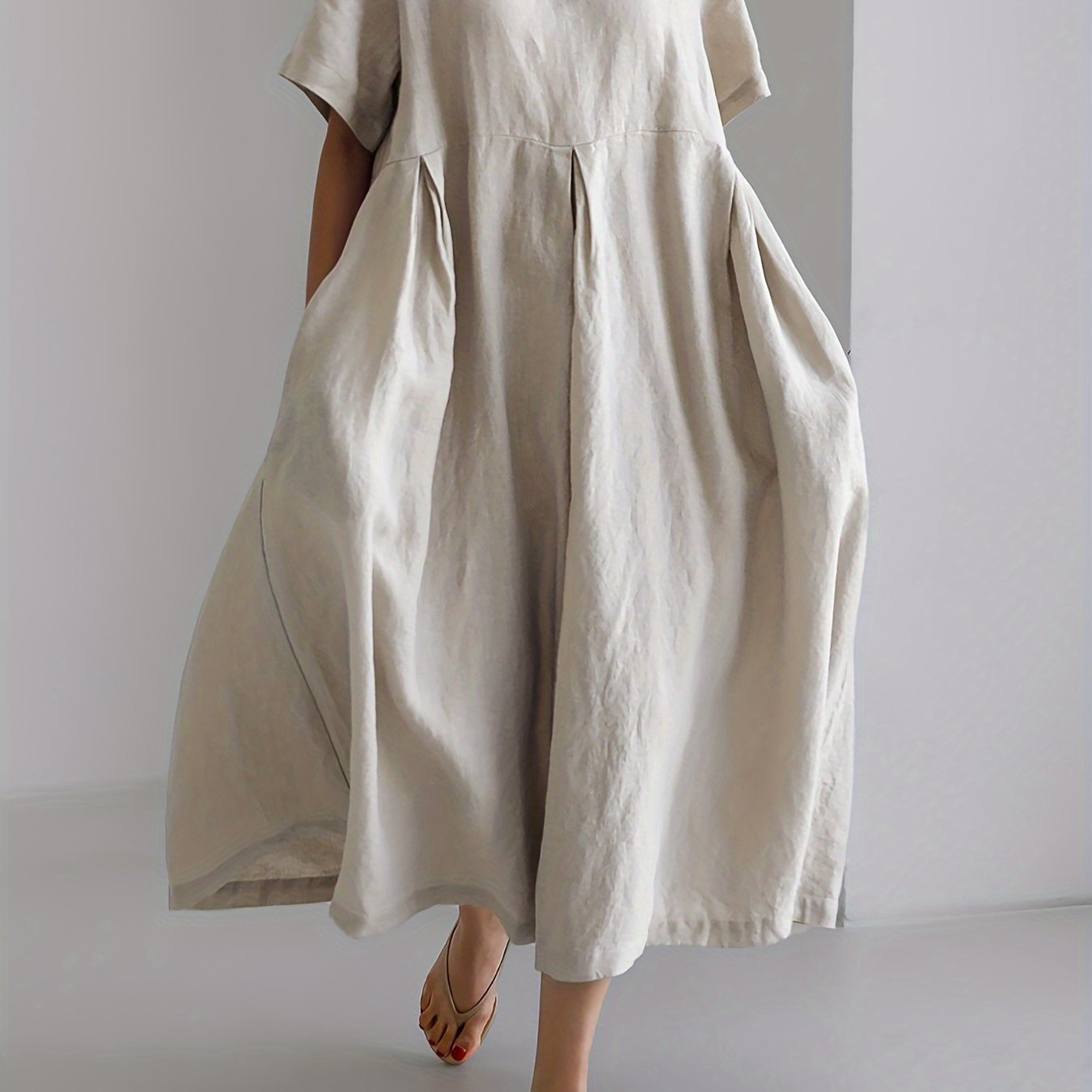 Solid Color Crew Neck Loose Dress, Elegant Short Sleeve Simple Dress For Spring & Summer, Women's Clothing