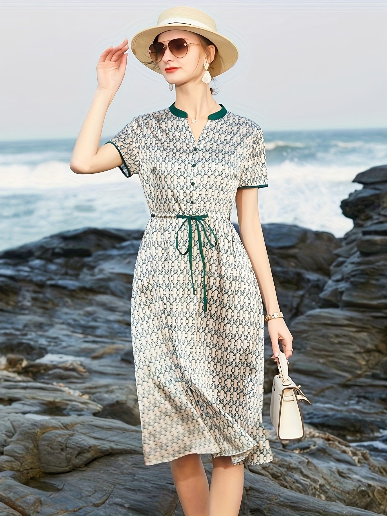 Allover Print Drawstring Waist Dress, Elegant Short Sleeve Contrast Trim Button Front Dress For Spring & Summer, Women's Clothing