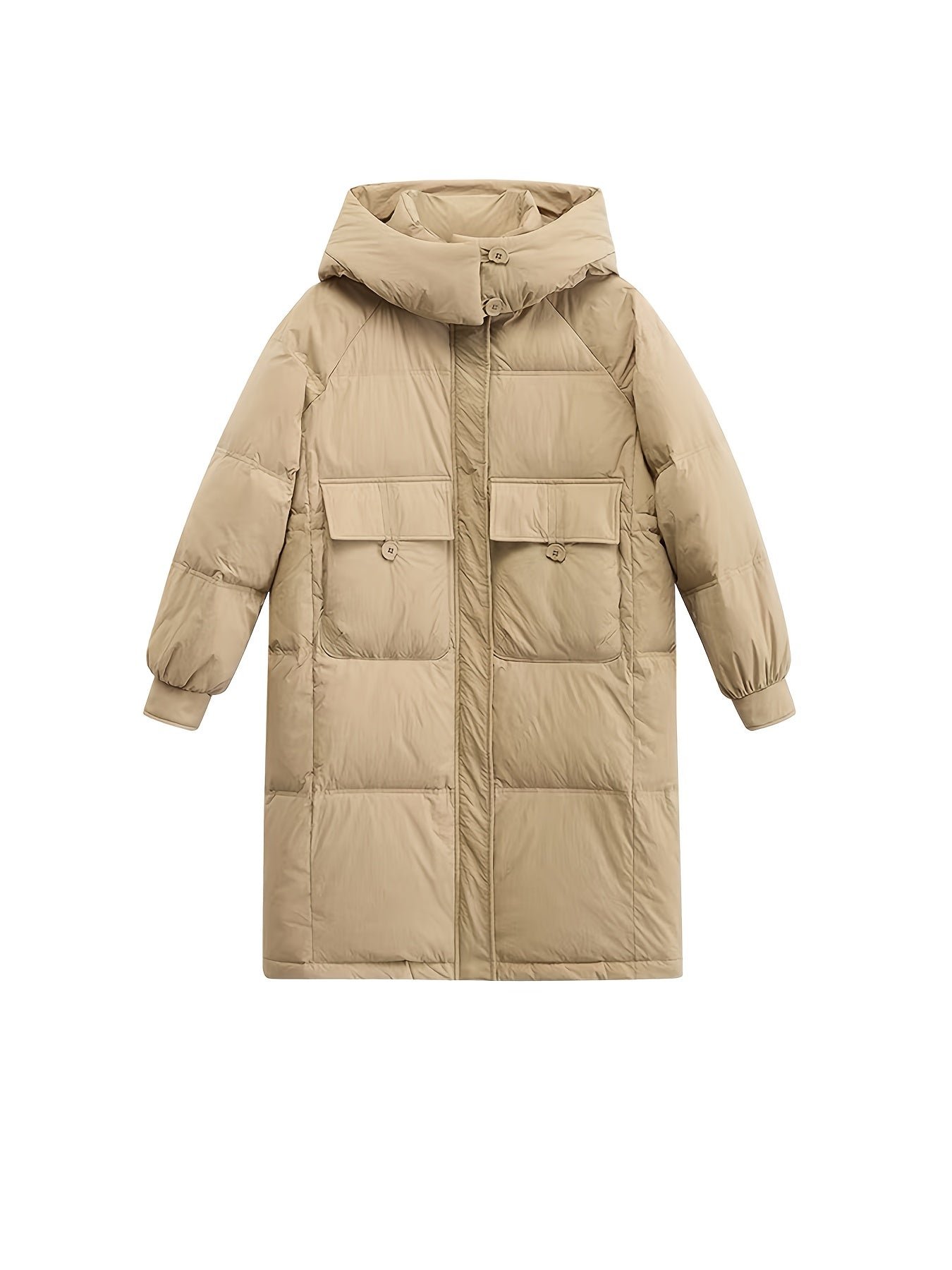 e0b62b8abc168b3379468bc4c41bcd4b-1 Solid Color Over The Knee Thickened Puffer Jacket, Mid-length Hooded Sports Warm Winter Jacket, Women's Activewear