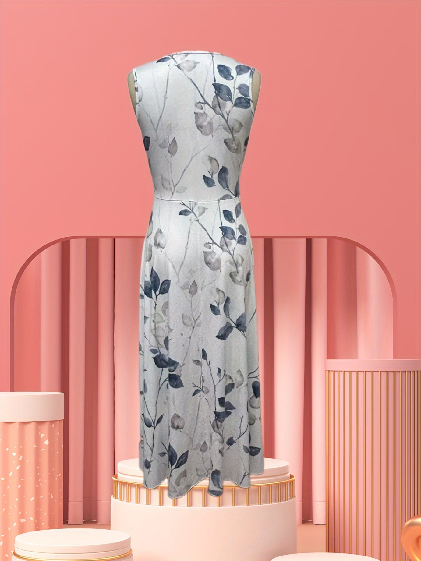 Plant Print High Waist Tank Dress, Elegant V Neck Sleeveless Dress For Spring & Summer, Women's Clothing