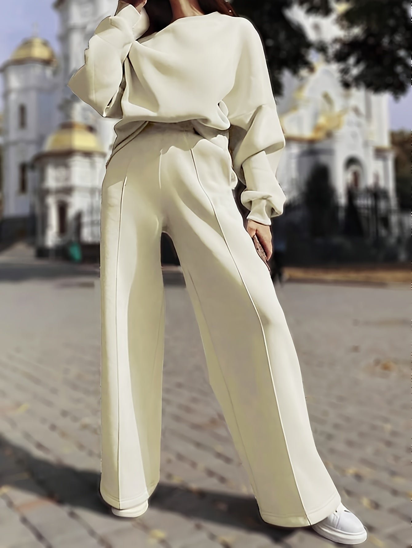 e30bbf31-fd65-4e50-a5cc-92ed7c437a83-1 Elegant Pintuck Solid Color Set, Drop Shoulder Long Sleeve Sweatshirt & Straight Leg Pants, Women's Clothing