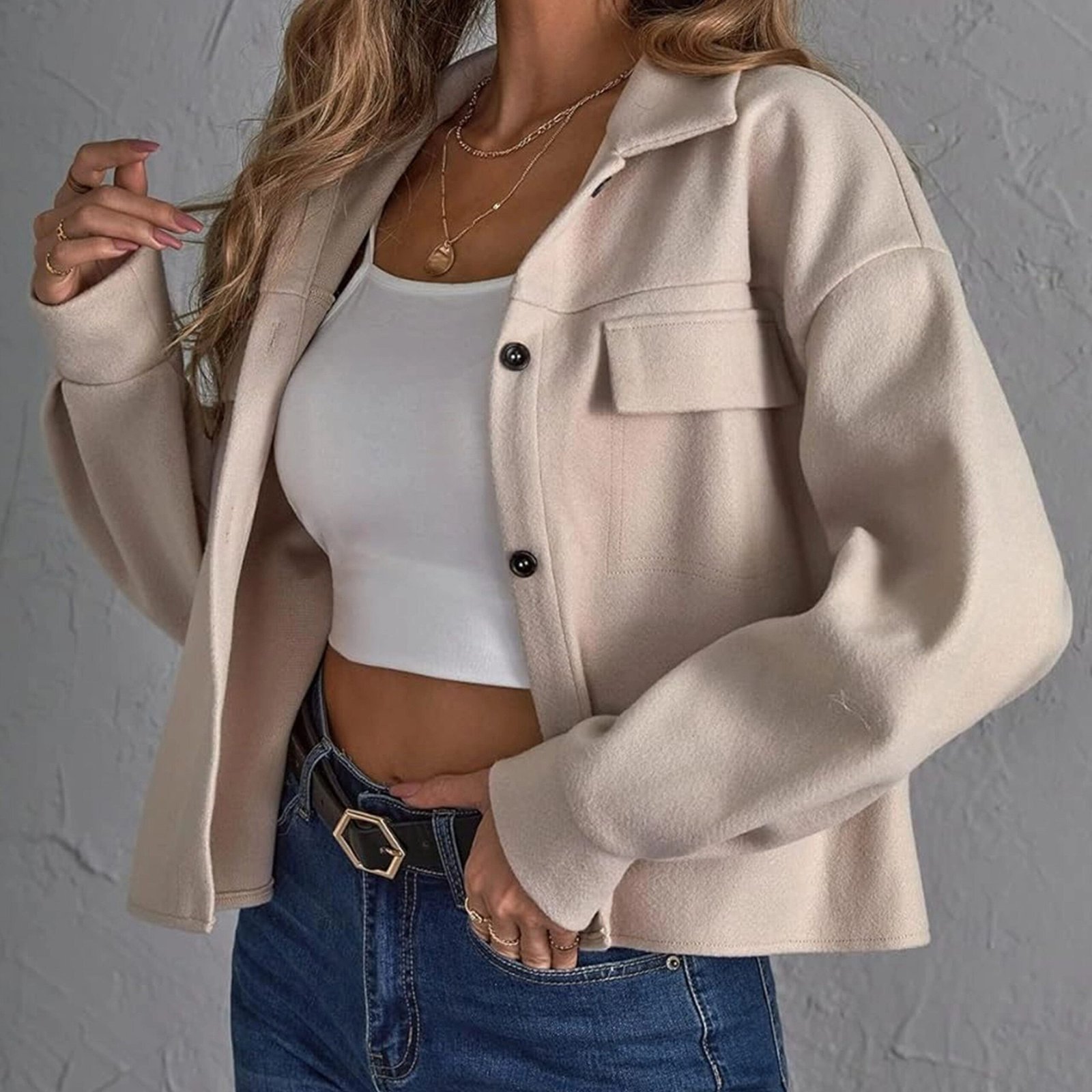 Button Front Drop Shoulder Jacket, Casual Long Sleeve Jacket, Women's Clothing