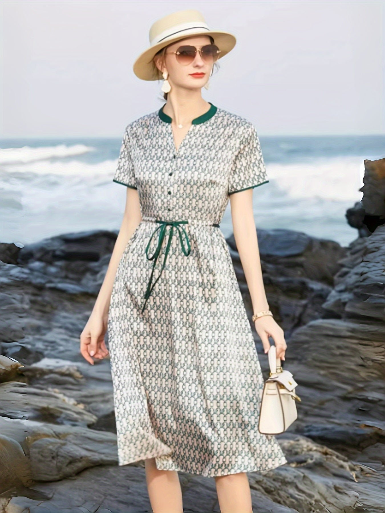 Allover Print Drawstring Waist Dress, Elegant Short Sleeve Contrast Trim Button Front Dress For Spring & Summer, Women's Clothing