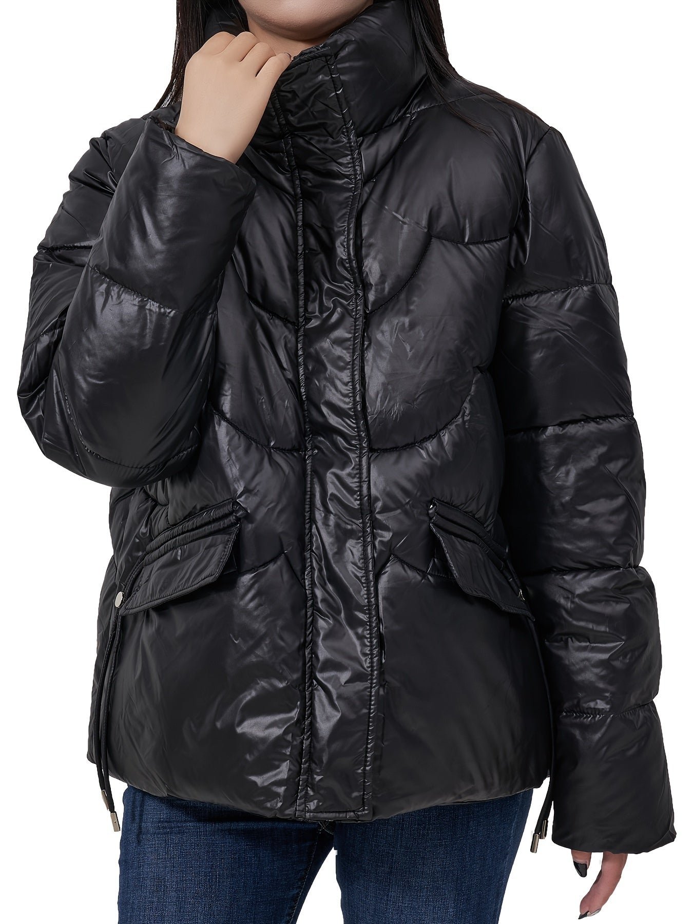 Solid Color Fashionable Puffer Jacket For Women, Thickened Warm Stand Collar Coat For Winter Outdoor, Women's Clothing