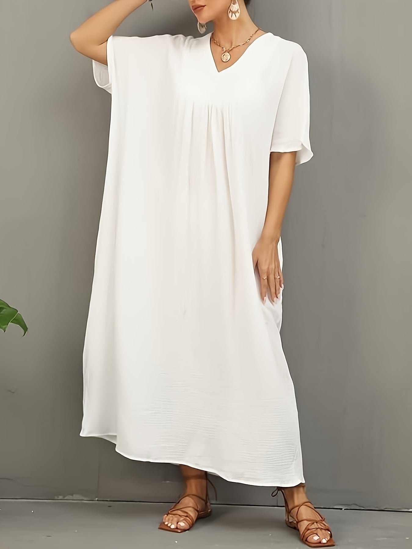 Solid Color V Neck Coverup Dress, Casual Batwing Sleeve Loose Maxi Dress For Spring & Summer, Women's Clothing